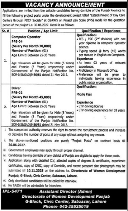 Directorate Of Women Development Punjab Lahore Jobs 2025 – Women Development Department Punjab Jobs 2025 — original advertisement
