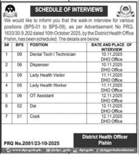 District Health Office Pishin Jobs interview 2025 – District Health Officer Jobs 2025 — original advertisement