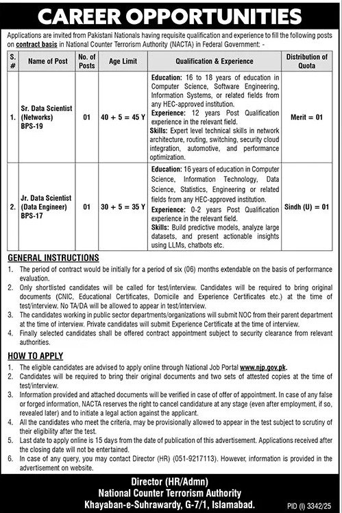 National Counter Terrorism Authority NACTA Islamabad Jobs Jobs 2025 — original advertisement
