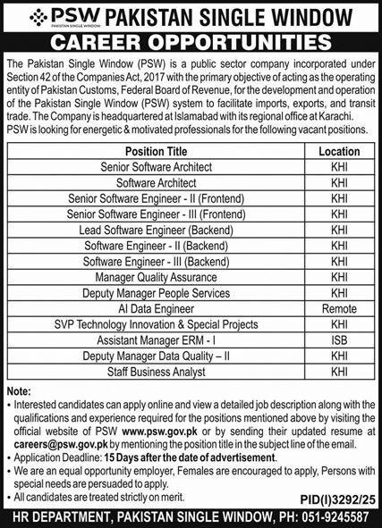 Pakistan Single Window PSW Jobs 2025 Jobs 2025 — original advertisement