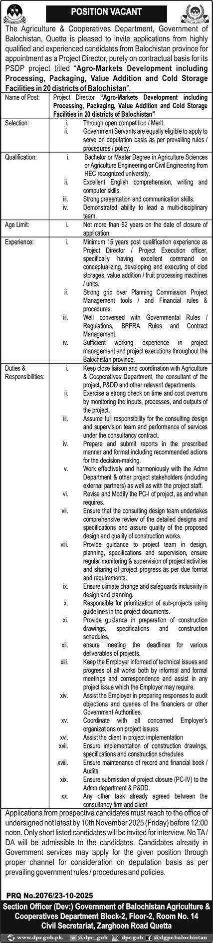 Agriculture & Cooperative Department Quetta Job 2025 – Agriculture Department Balochistan Jobs 2025 — original advertisement