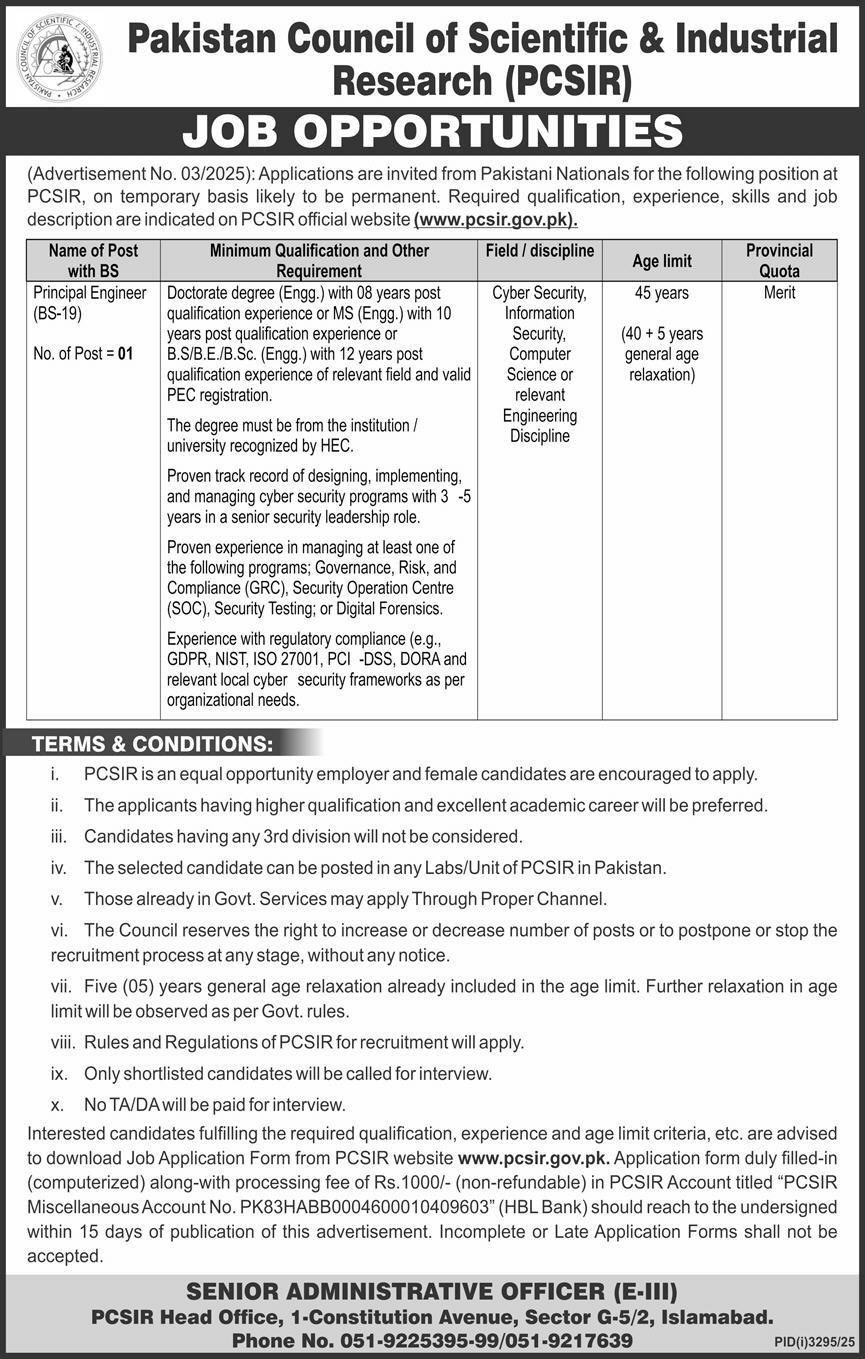 Pakistan Council Of Scientific And Industrial Research Job Jobs 2025 — original advertisement
