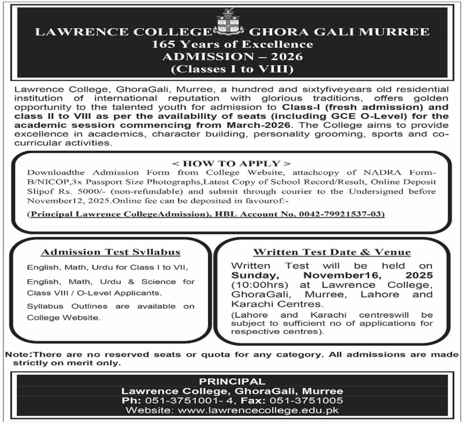 Admission Open in Lawrence College ghora Gali 2025 Admissions 2025 — original advertisement