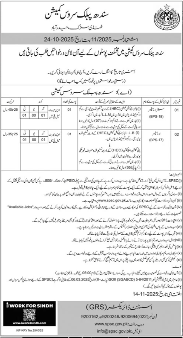 SPSC Sindh Public Service Commission Hyderabad Job 11/2025 – Sindh Public Service Commission at Karachi Jobs 2025 — original advertisement