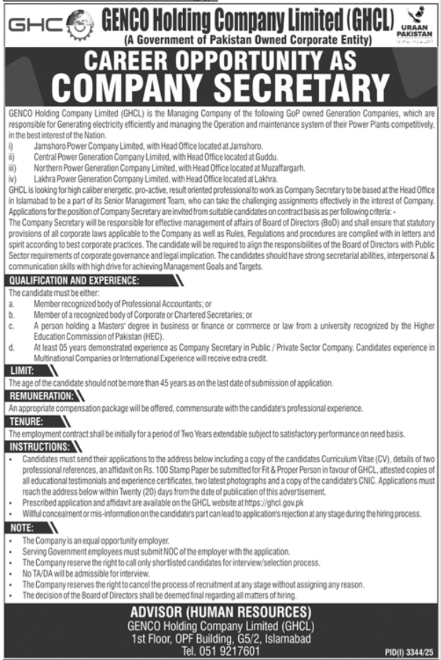 Genco Holding Company Limited GHCL Islamabad Jobs 2025 – Genco Holding Company Limited (GHCL) Jobs 2025 — original advertisement