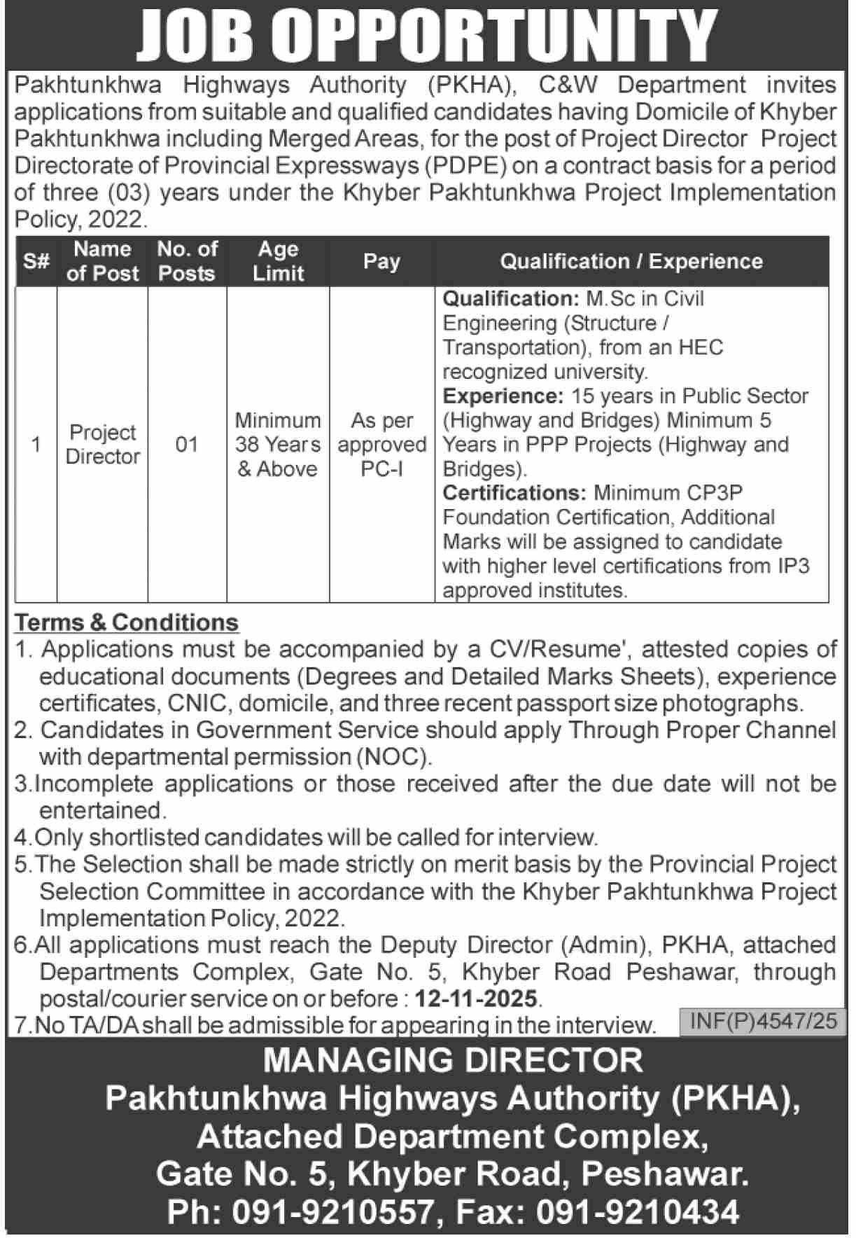 Khyber Pakhtunkhwa Highways Authority Peshawar Jobs 2025 – Khyber Pakhtunkhwa Highway Authority KPK Jobs 2025 — original advertisement