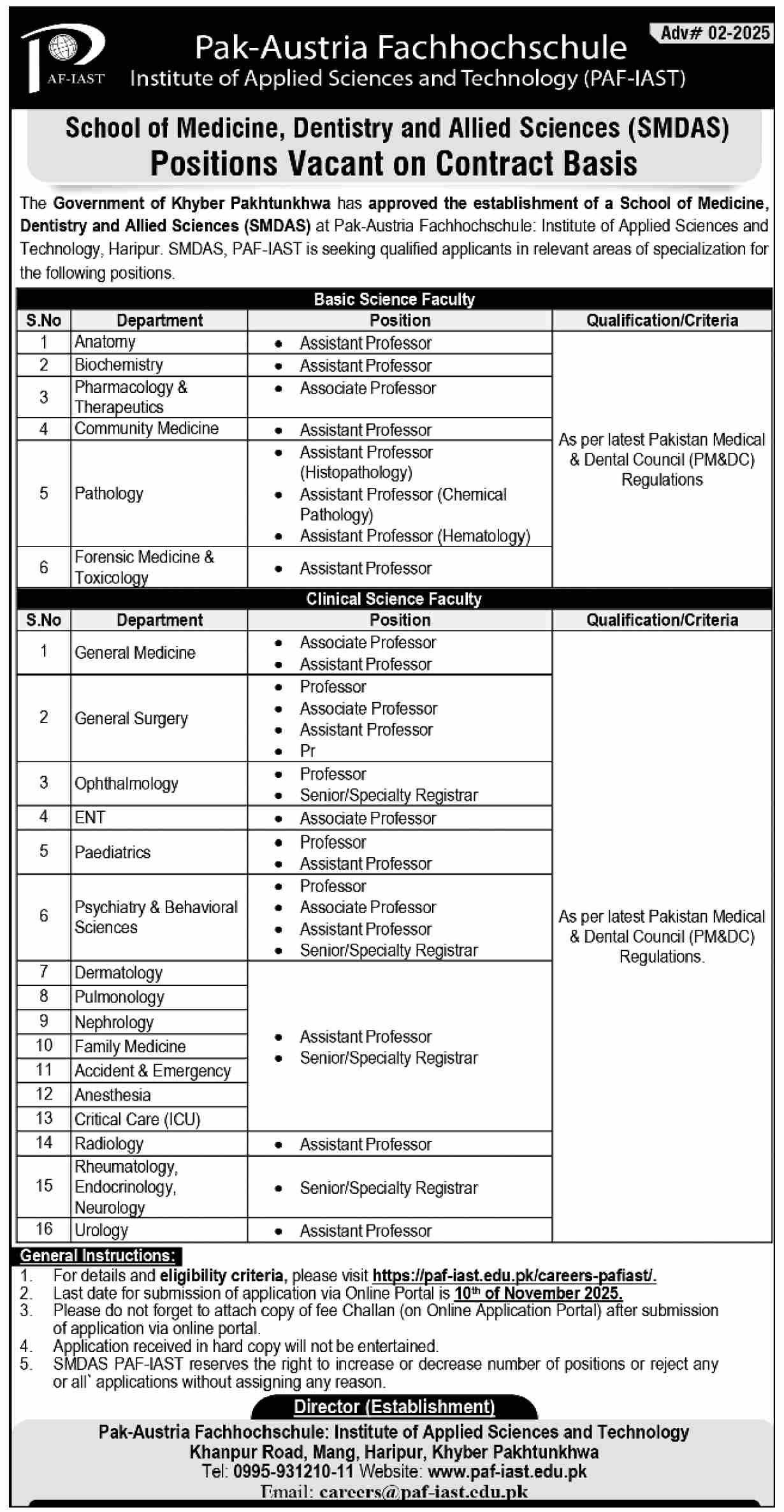 School of Medicine Dentisry And Allied Sciences SMDAS Jobs – Govt of Kpk Jobs 2025 — original advertisement