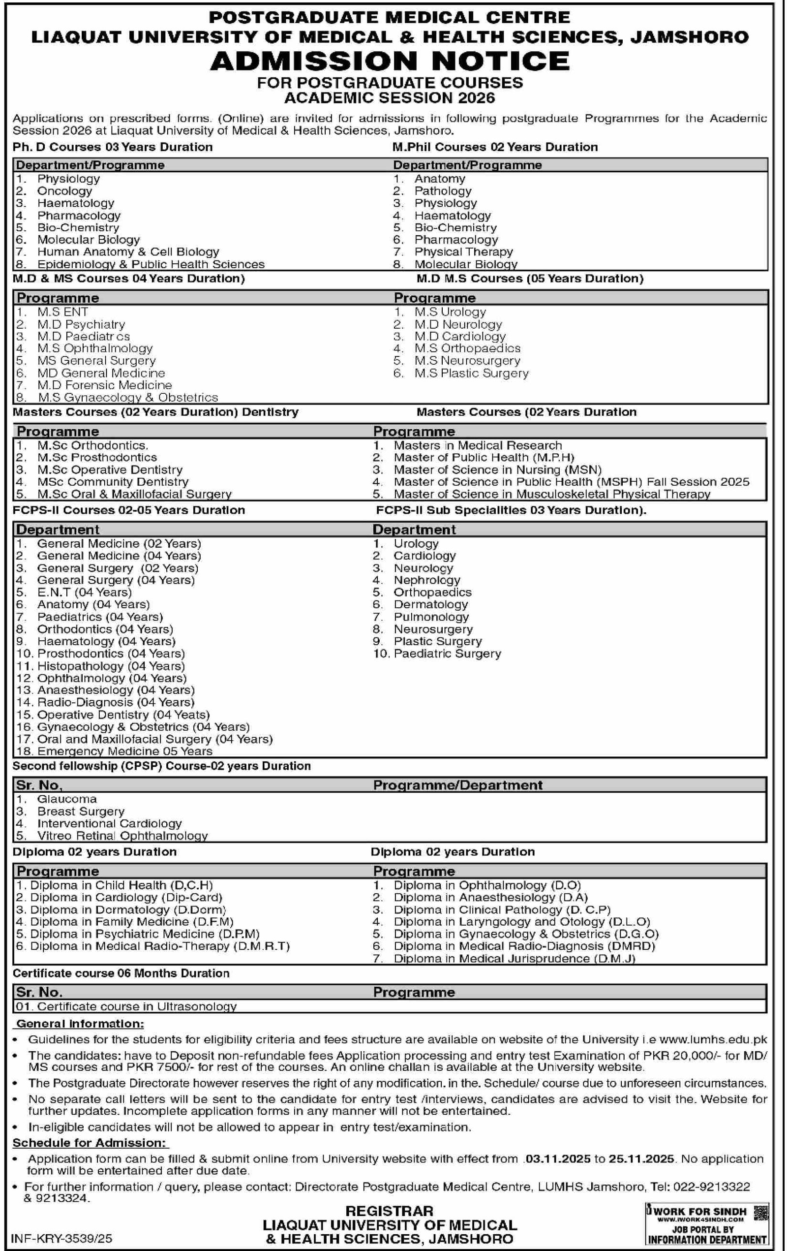 Admission Open in Liaquat University of Medical & Health – Liaquat University of Medical & Health Sciences (LUMHS) Jamshoro Admissions 2025 — original advertisement