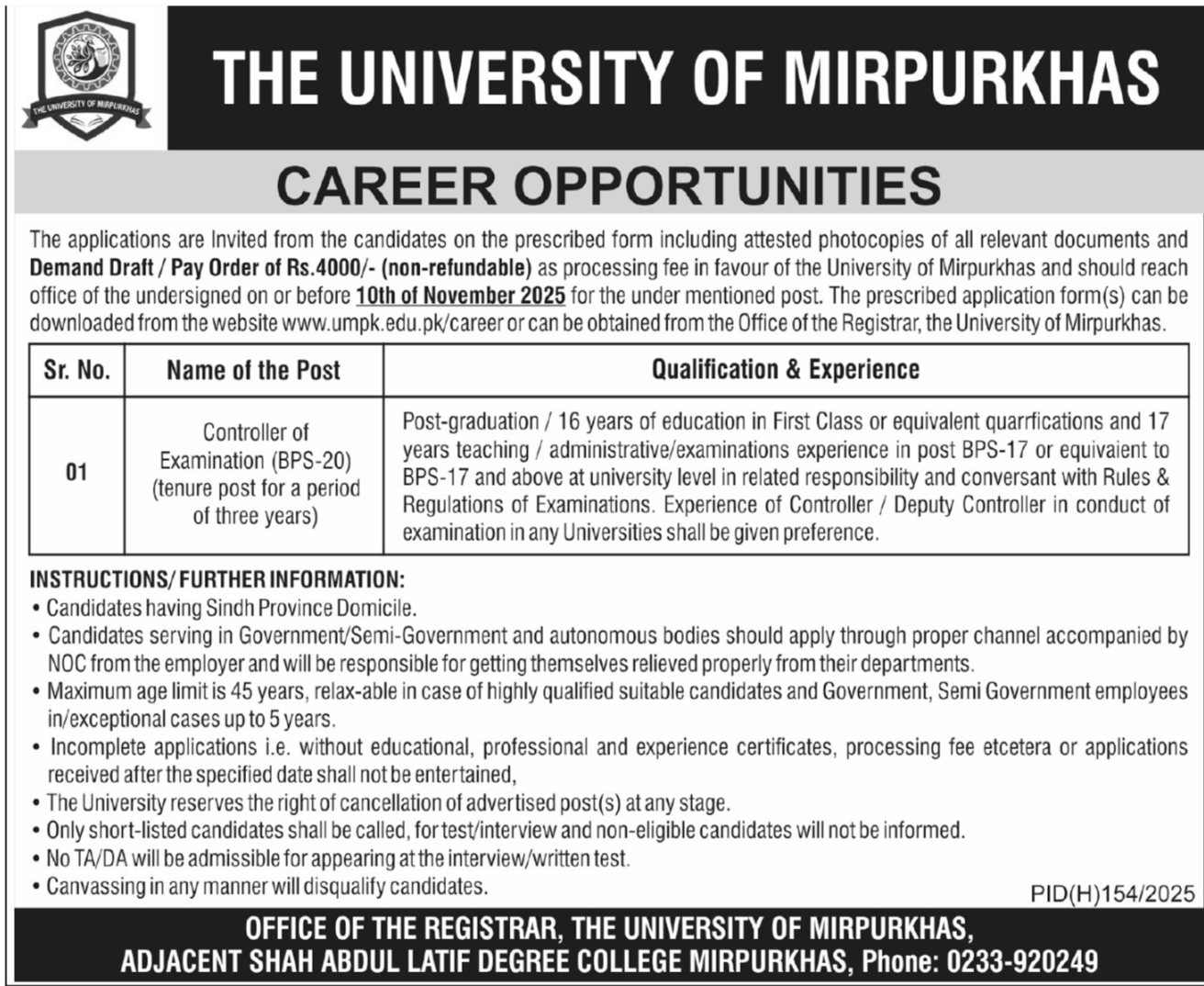 The University Of Mirpurkhas Sindh Jobs 2025 – The University Mirpurkhas Jobs 2025 — original advertisement