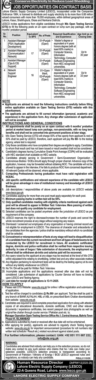 Lahore Electric Supply Company LESCO Jobs 2025 – Lahore Electric Supply Company LESCO Lahore Jobs 2025 — original advertisement
