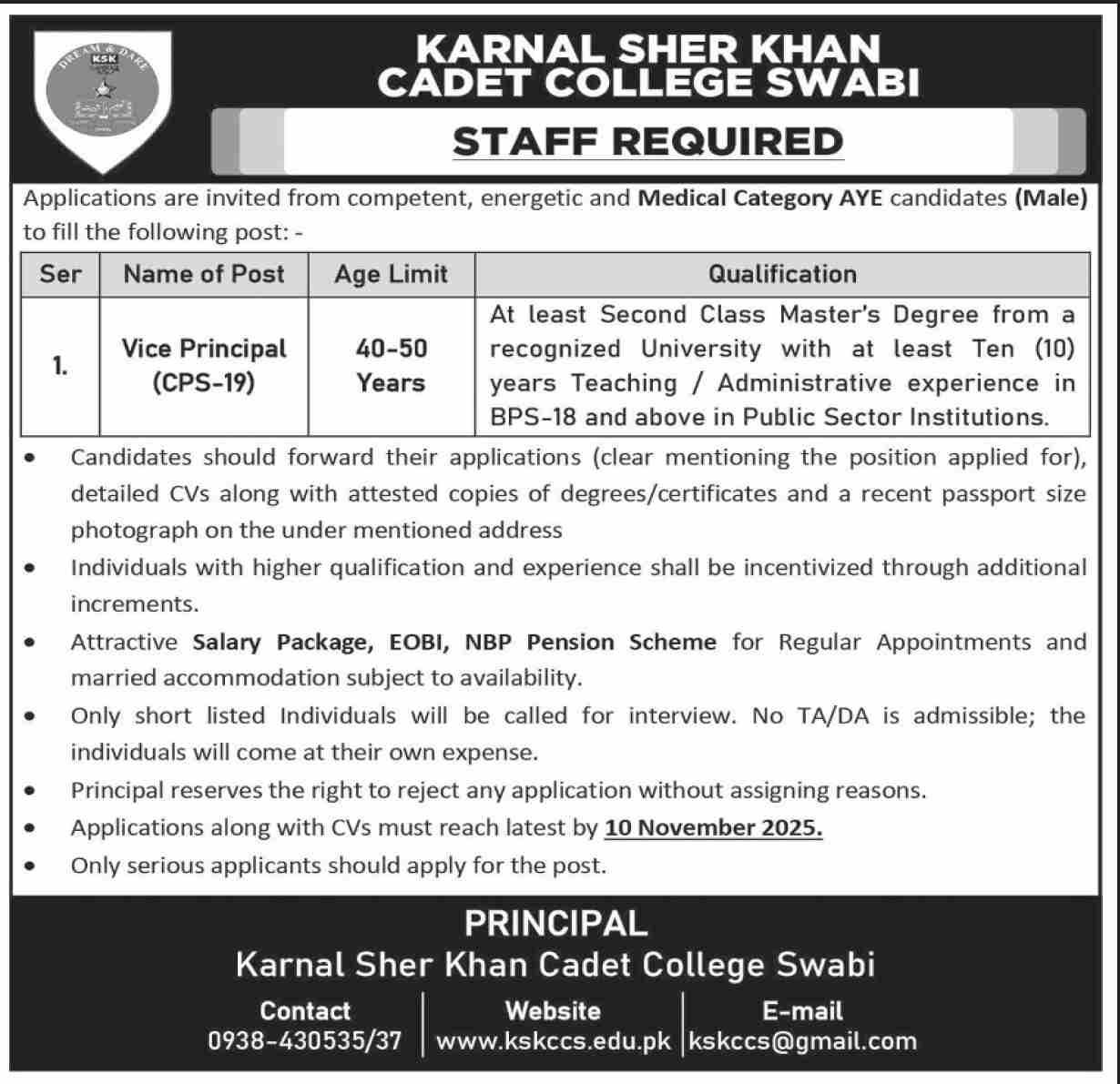 Karnal Sher Khan Cadet College Swabi Jobs 2025 Jobs 2025 — original advertisement