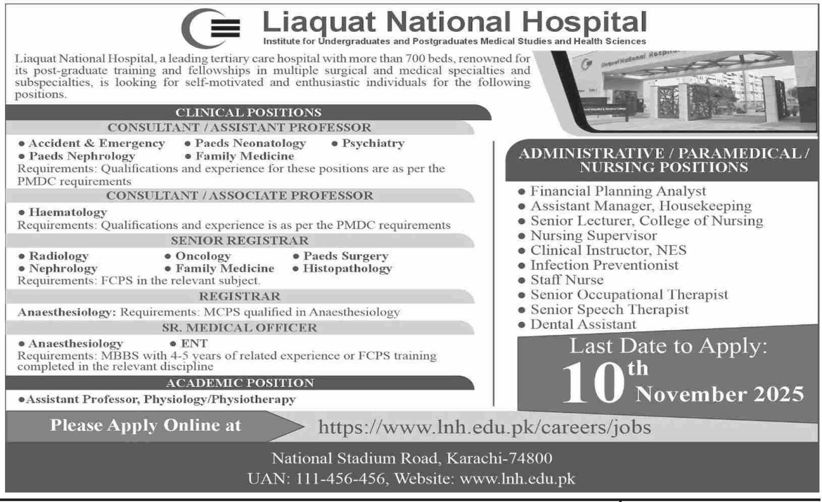 Liaquat National Hospital LNH Karachi Jobs 2025 – Liaquat National Hospital & Medical College Jobs 2025 — original advertisement