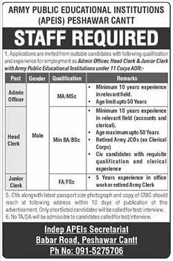 Army Public Educational Institutions Peshawar Jobs 2025 – Army Public School & College Paksitan Jobs 2025 — original advertisement