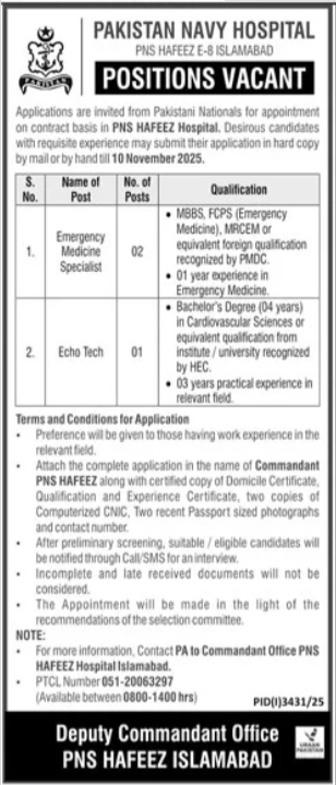 PNS Hafeez Naval Hospital Islamabad Jobs 2025 – Pakistan Navy Jobs 2025 — original advertisement