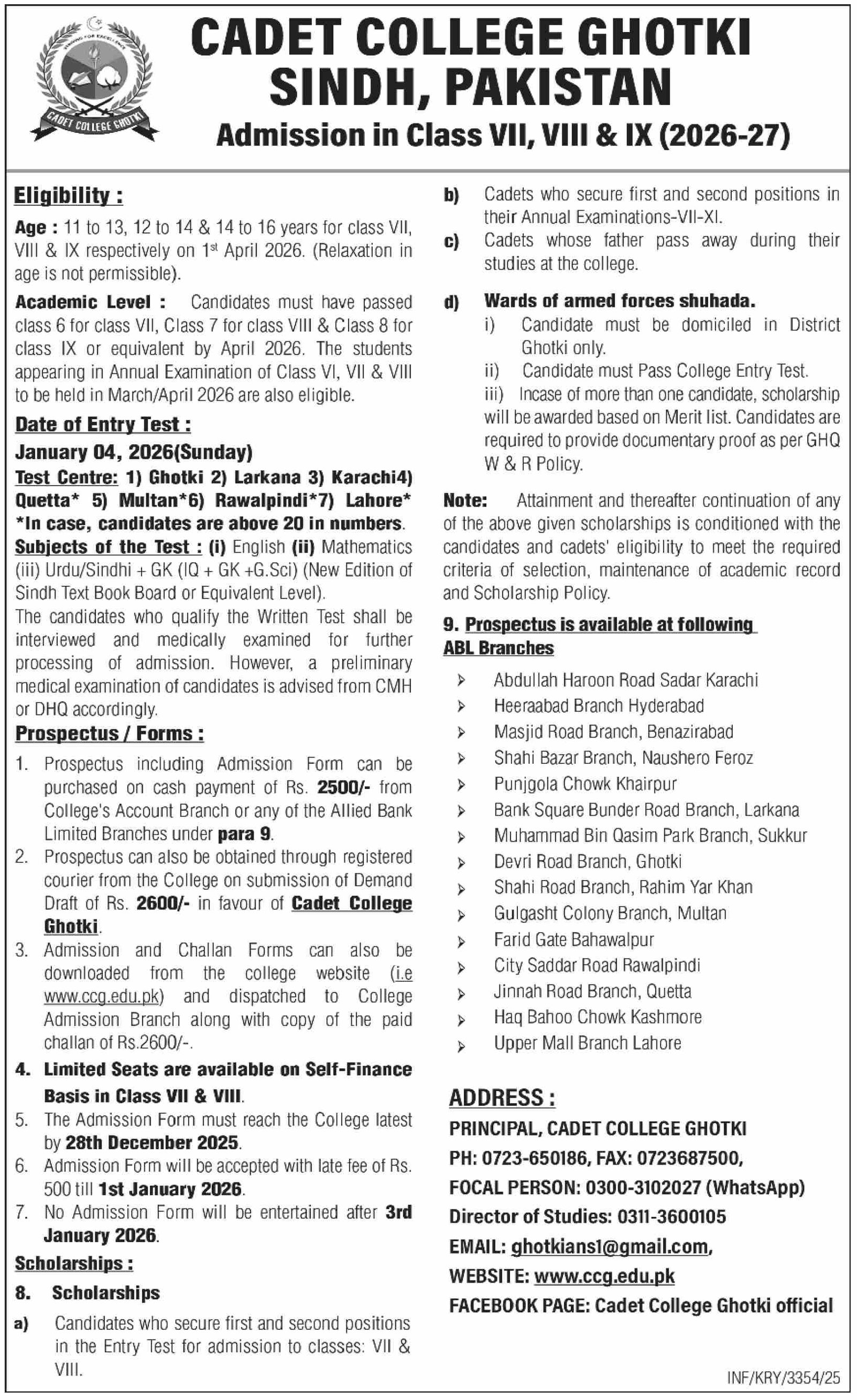 Admission Open in Cadet College Ghotki Sindh 2025 Admissions 2025 — original advertisement