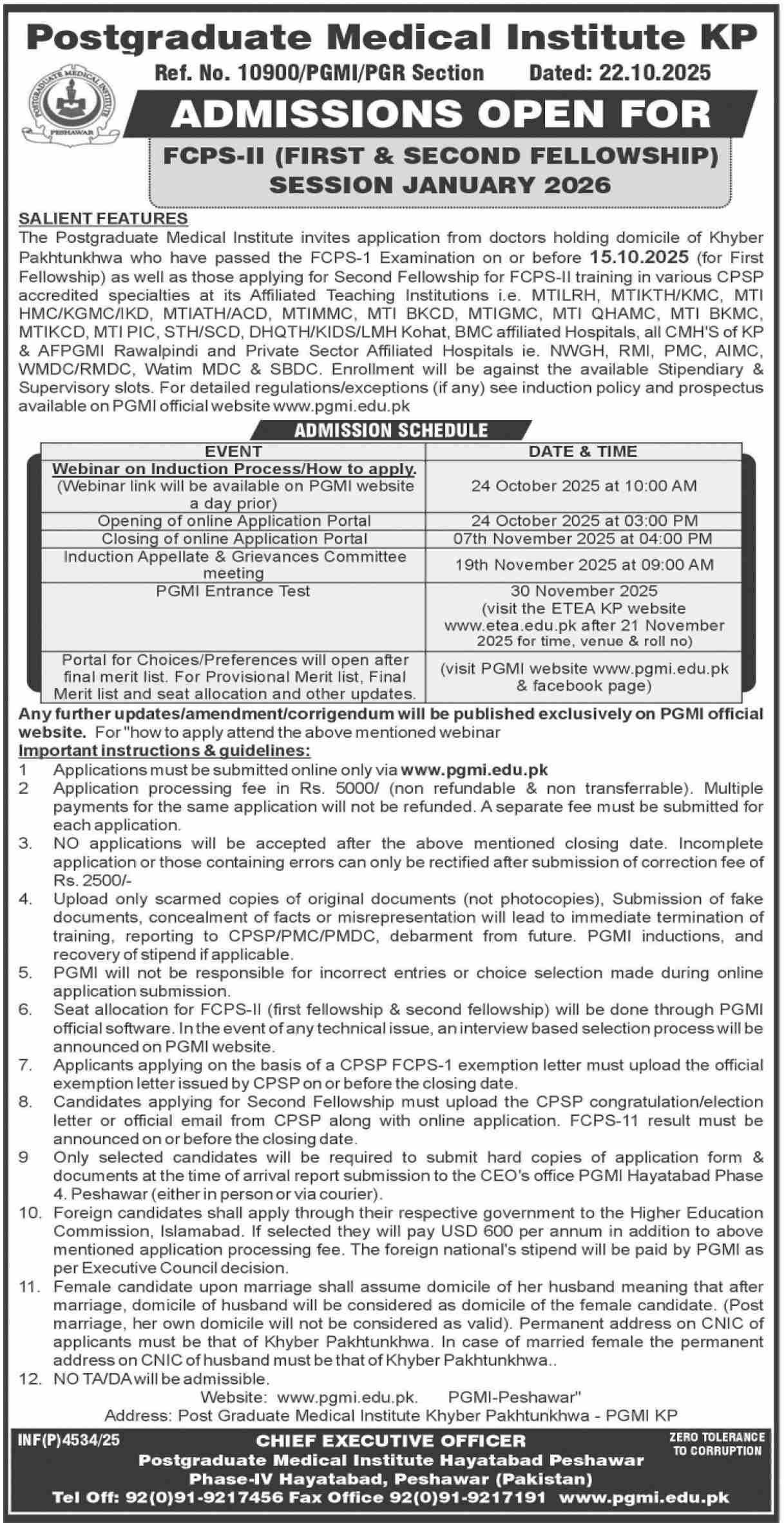 Admission Open in Postgradute Medical Instituti 2025 – Jinnah Postgruate Medical Centre Karachi Admissions 2025 — original advertisement