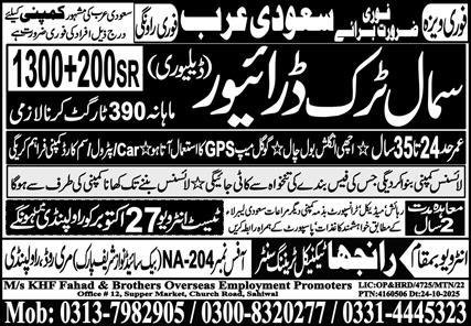 Small Truck Driver Jobs in Saudia Arabia 2025 – Ranjha Trade Test & Training Center Jobs 2025 — original advertisement