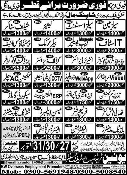 Sales Man And Cashir Jobs in Qatar 2025 – Union Trade Test and Training Center Jobs 2025 — original advertisement