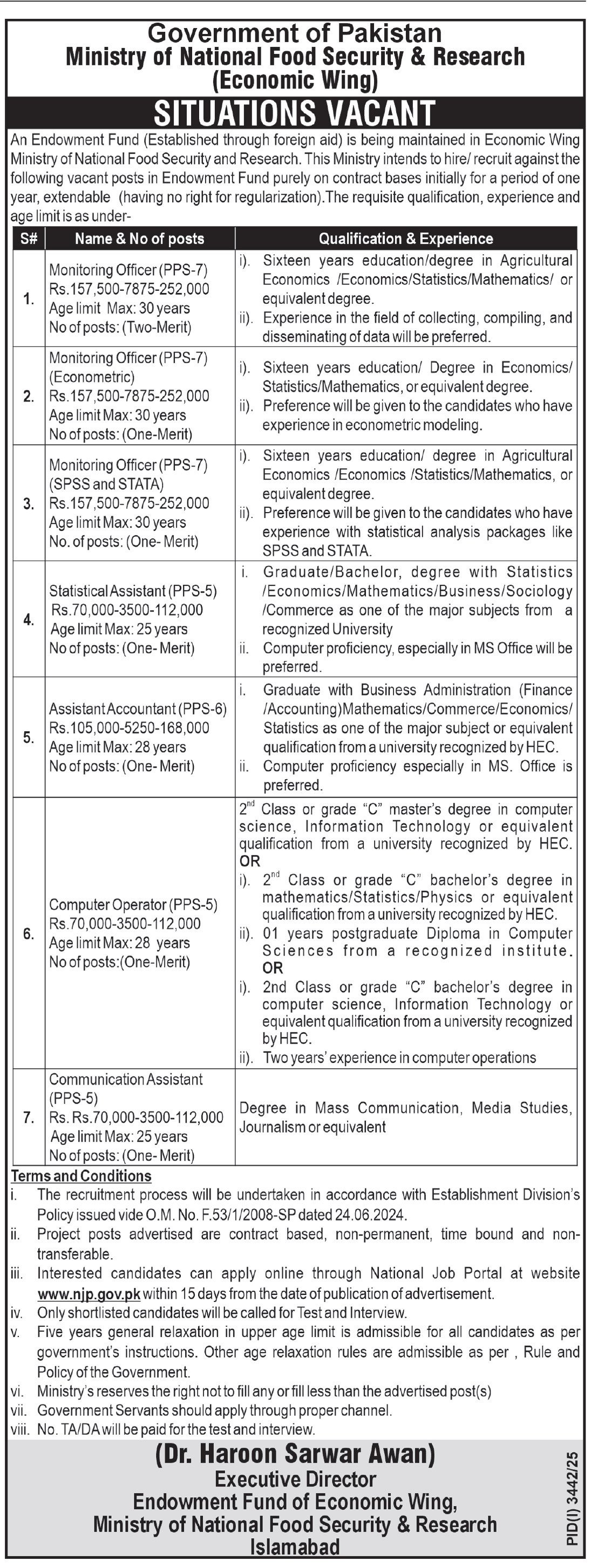 Ministry Of National Food Security & Research Jobs 2025 Jobs 2025 — original advertisement