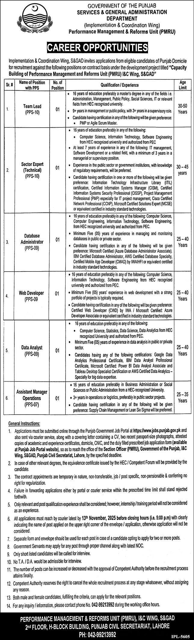 Implementation & Coordination Wing S&GAD Punjab Jobs 2025 – Services General Administration Department Punjab Jobs 2025 — original advertisement