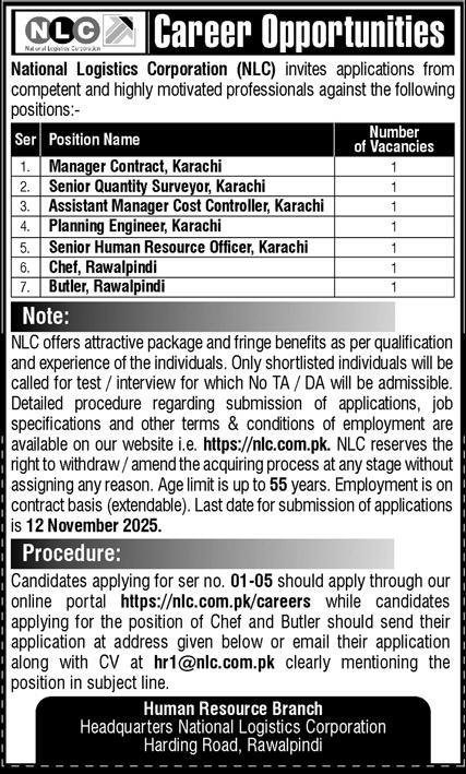 National Logistics Cell NLC Jobs 2025 For Manager Contract – National Logistic Cell Rawalpindi Jobs 2025 — original advertisement