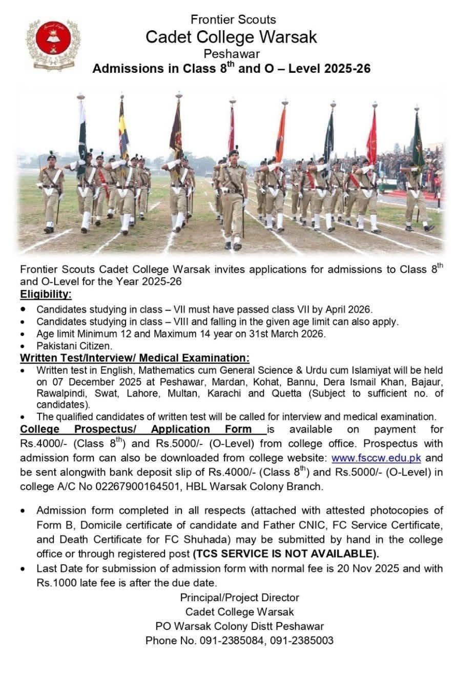 Admission Open in Cadet College Warsk Peshawar 2025 – Cadet College Warsak Peshawar Admissions 2025 — original advertisement