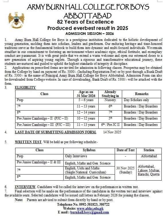 Admission Open in Army Burn Hall College Abbottabad 2025 Admissions 2025 — original advertisement