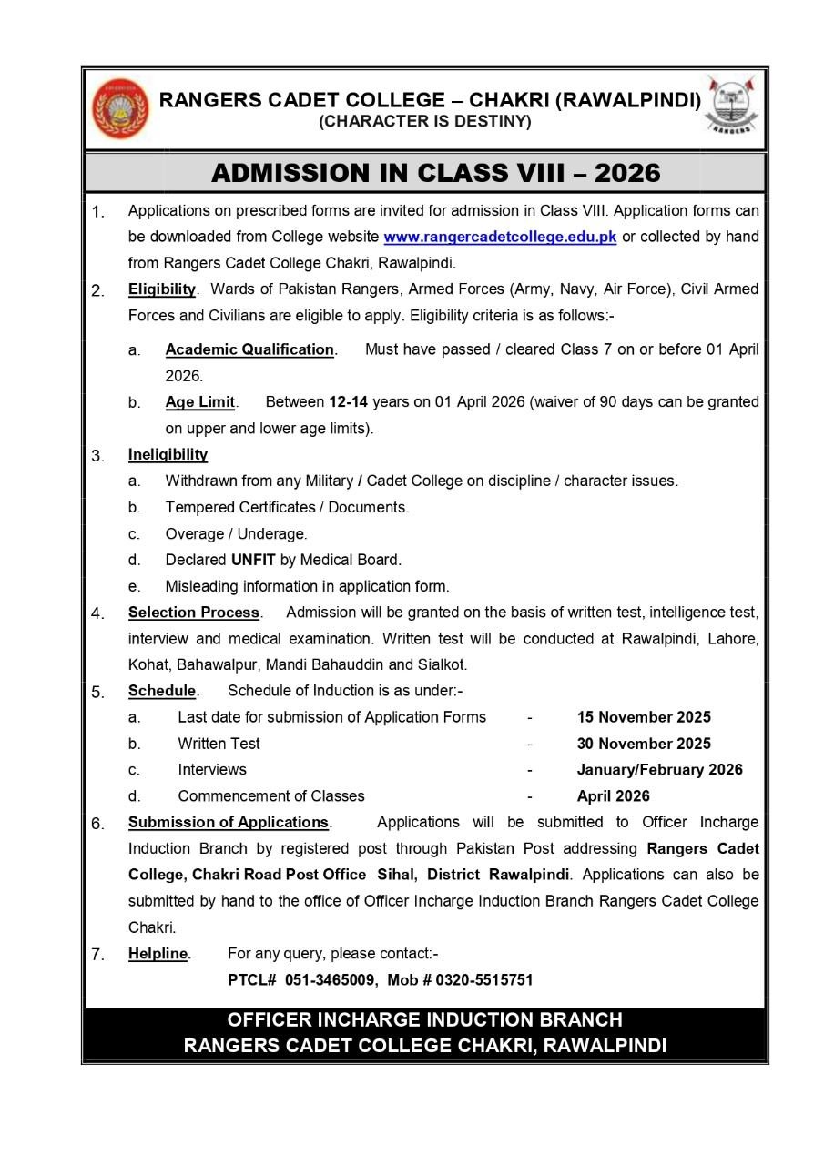 Admission Open Rangers Cadet College Chakari Rawalpindi 2026 – Rangers Cadet College Chakri Rawalpindi Admissions 2025 — original advertisement