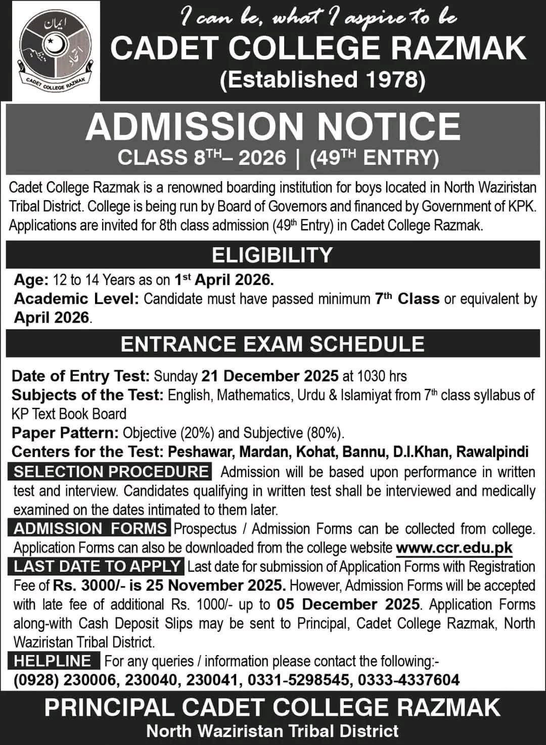 Admission Open in Cadet College Razmak 2026 Admissions 2025 — original advertisement
