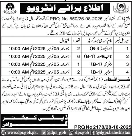 Revenue Department Gawadar Jobs Interview 2025 – Revenue Department Balochistan Jobs 2025 — original advertisement
