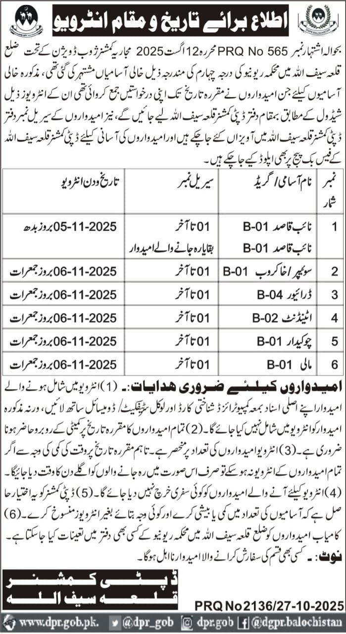 Deputy Commissioner Killa saifullah Balochistan Interview – Revenue Department Balochistan Jobs 2025 — original advertisement