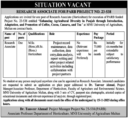 MNS University Of Agriculture Multan Job 2025 – MNS-University of Agriculture, Multan. Jobs 2025 — original advertisement