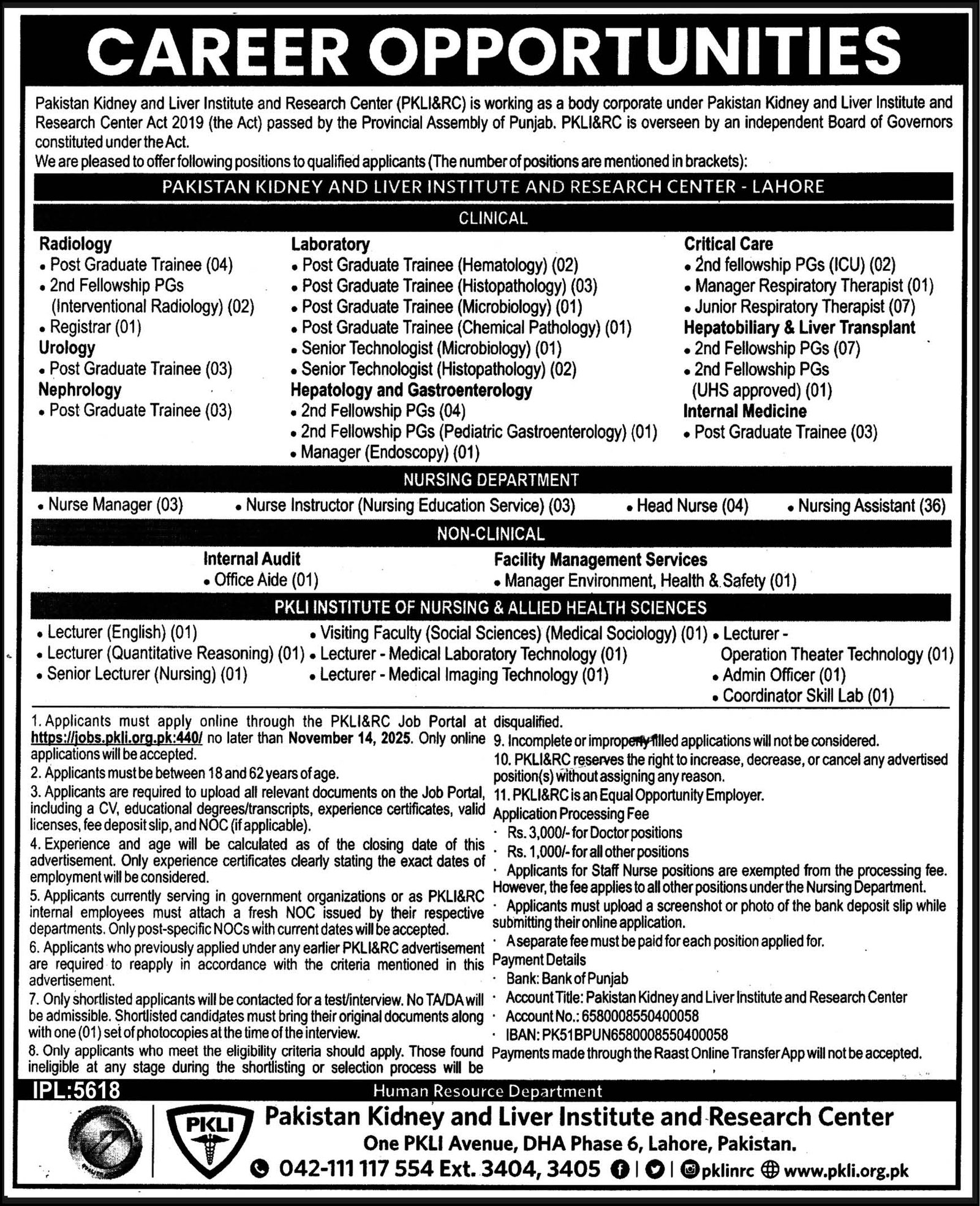 Pakistan Kidney And Liver Institute And Research Centre Jobs – Pakistan Kidney And Liver Institute (PKLI) And Research Centre Lahore Jobs 2025 — original advertisement