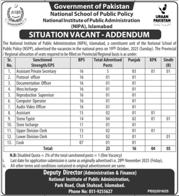 National Institute Of Public Administration NIPA Jobs 2025 – National School of Public Policy Lahore Jobs 2025 — original advertisement