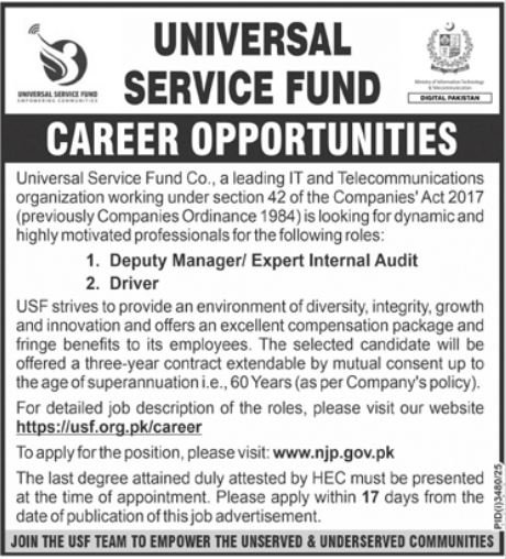 Universal Service Fund USF Jobs 2025 For Deputy Manager Jobs 2025 — original advertisement