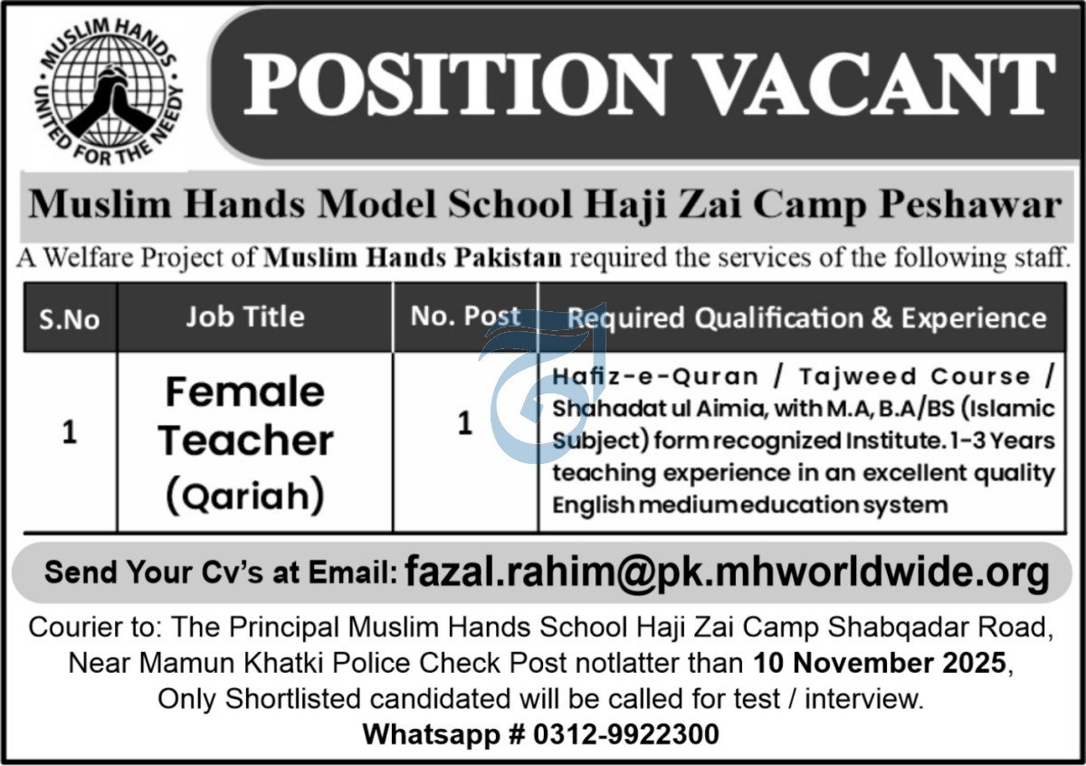 Muslim Hands Model School Peshawar Job 2025 Jobs 2025 — original advertisement