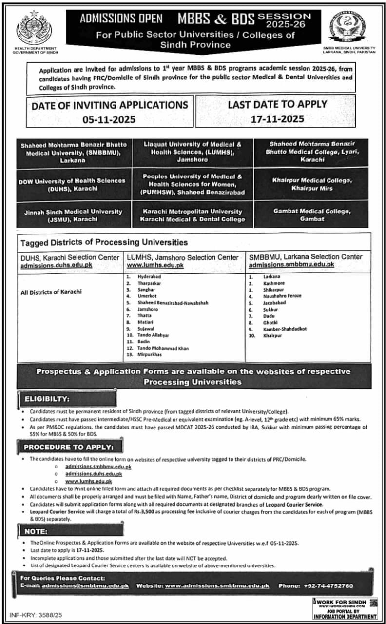Admission Open in Public Sector Universities Colleges sindh – Health Department Sindh Admissions 2025 — original advertisement