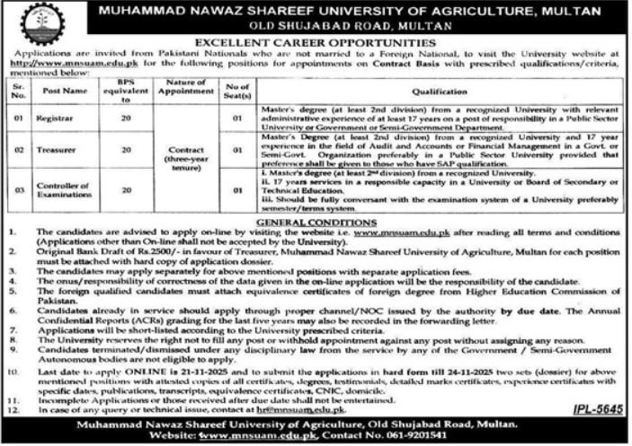 Muhammad Nawaz Shareef University Of Agriculture Multan Jobs – Muhammad Nawaz Sharif University of Engineering & Technology (MNS-UET) Multan Jobs 2025 — original advertisement