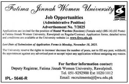Fatima Jinnah Women University Rawalpindi Job 2025 Jobs 2025 — original advertisement
