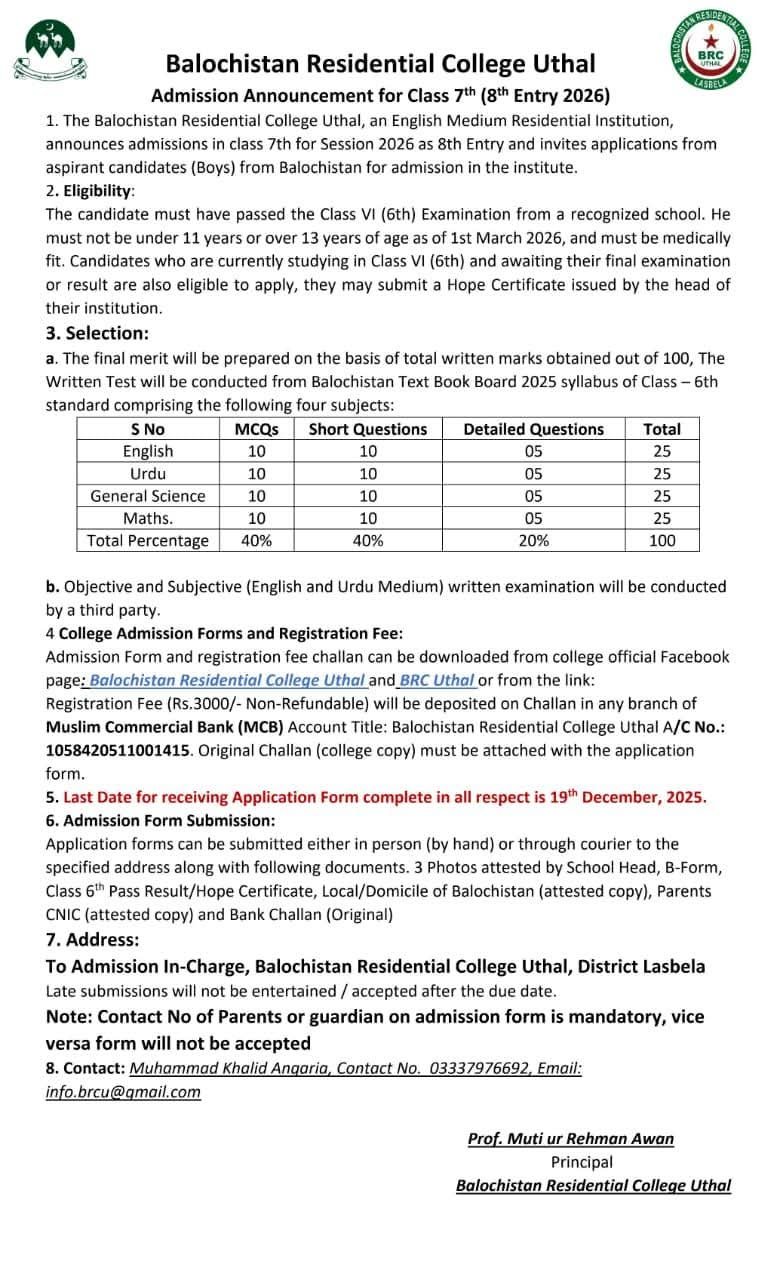 Admissions Open in Balochistan Residential College Uthal – Balochistan Residential College Uthal Lasbela Admissions 2025 — original advertisement