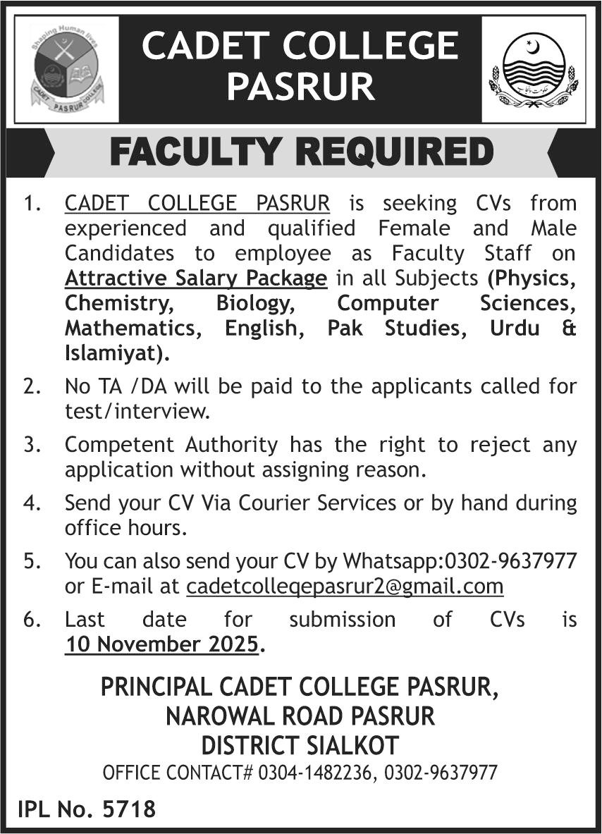 Cadet College Pasrur Faculty Jobs 2025 Jobs 2025 — original advertisement