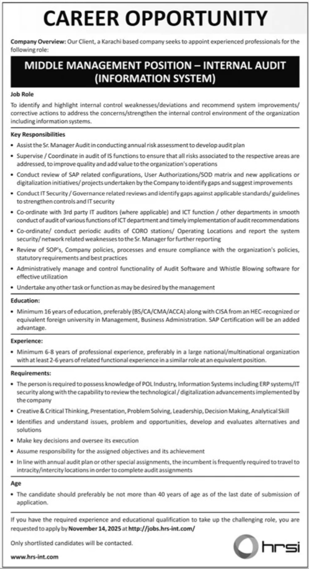 Human Resource Solution International HRSI Karachi Jobs 2025 – HRSG People and Business karachi Jobs 2025 — original advertisement