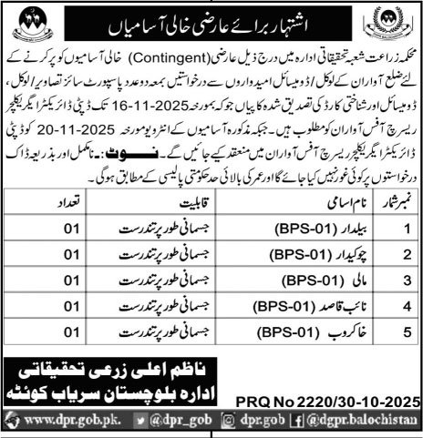 Agriculture Department Quetta Jobs 2025 – Agriculture Department Balochistan Jobs 2025 — original advertisement