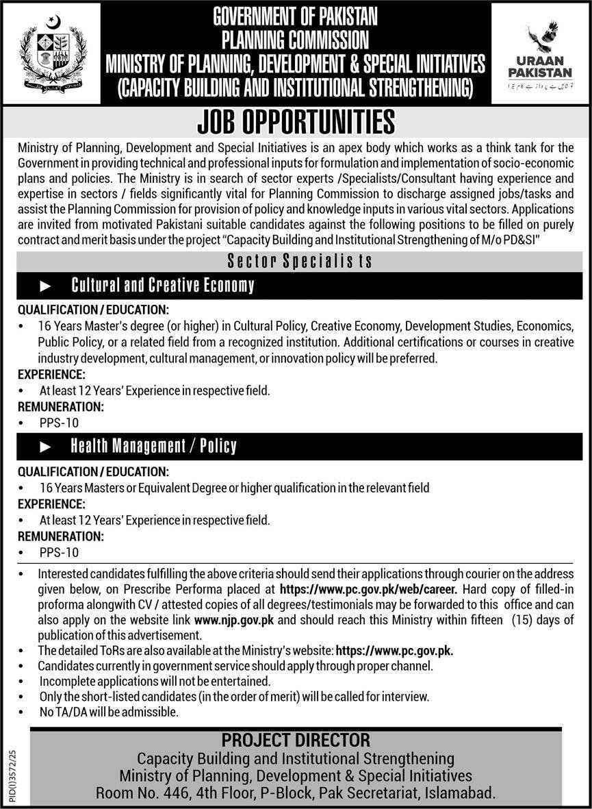 Planning Commission PC Islamabad Jobs 2025 Sector Specialist – Planning Commission of Pakistan Jobs 2025 — original advertisement
