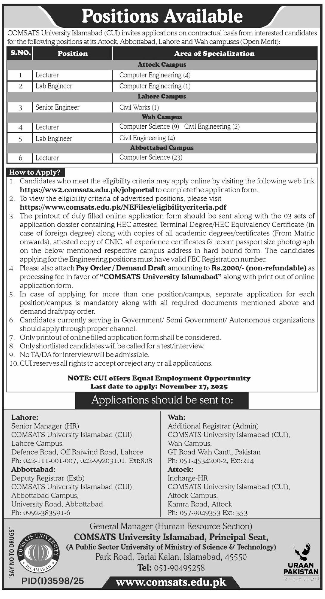 Comsats University Attock Punjab Jobs 2025 – COMSATS University Islamabad Jobs 2025 — original advertisement