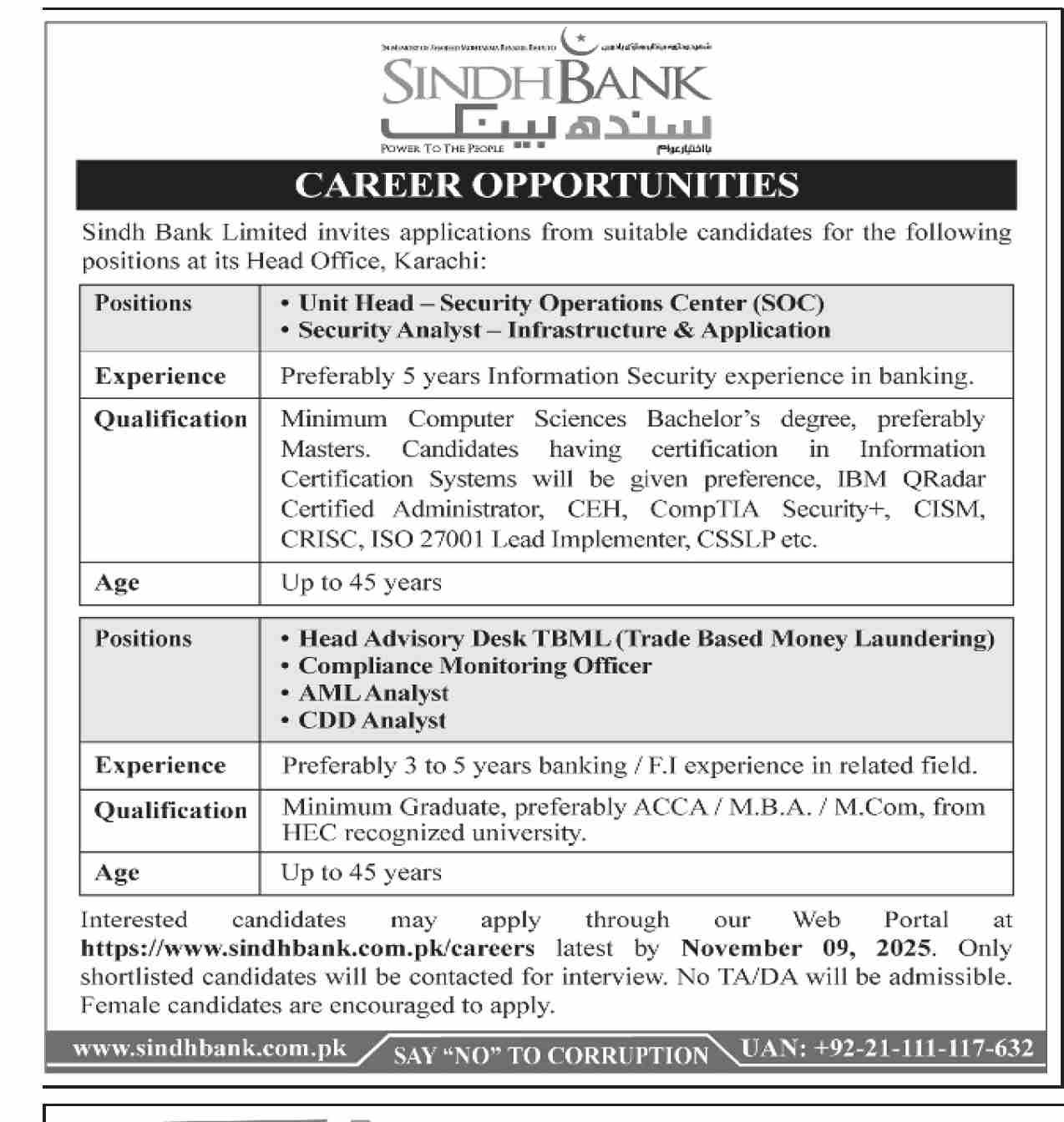 Sindh Bank Limited Karachi Jobs 2025 Jobs 2025 — original advertisement
