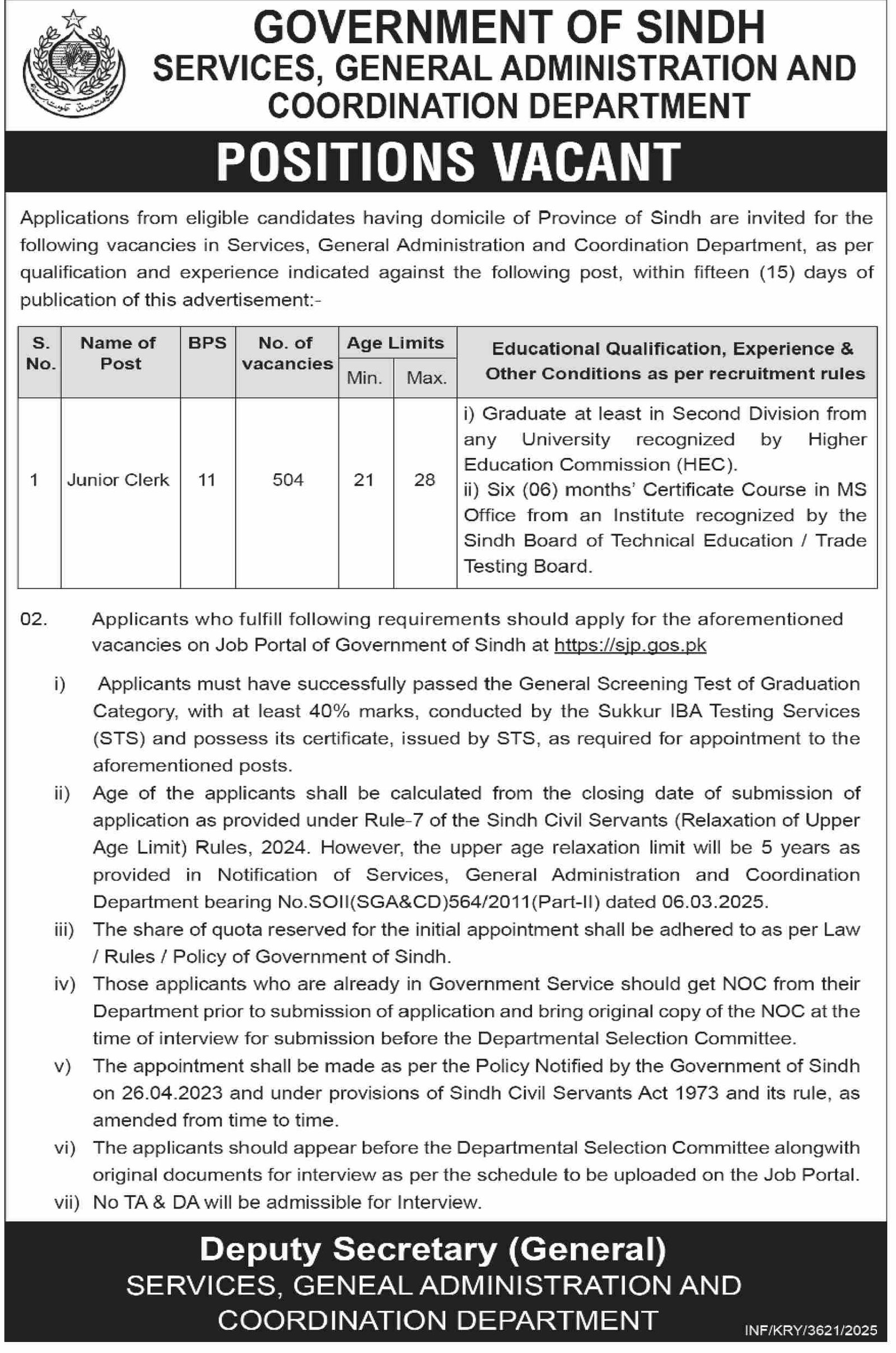 Services General Administration & Coordination Karachi Jobs – Services General Administration Department Sindh Jobs 2025 — original advertisement