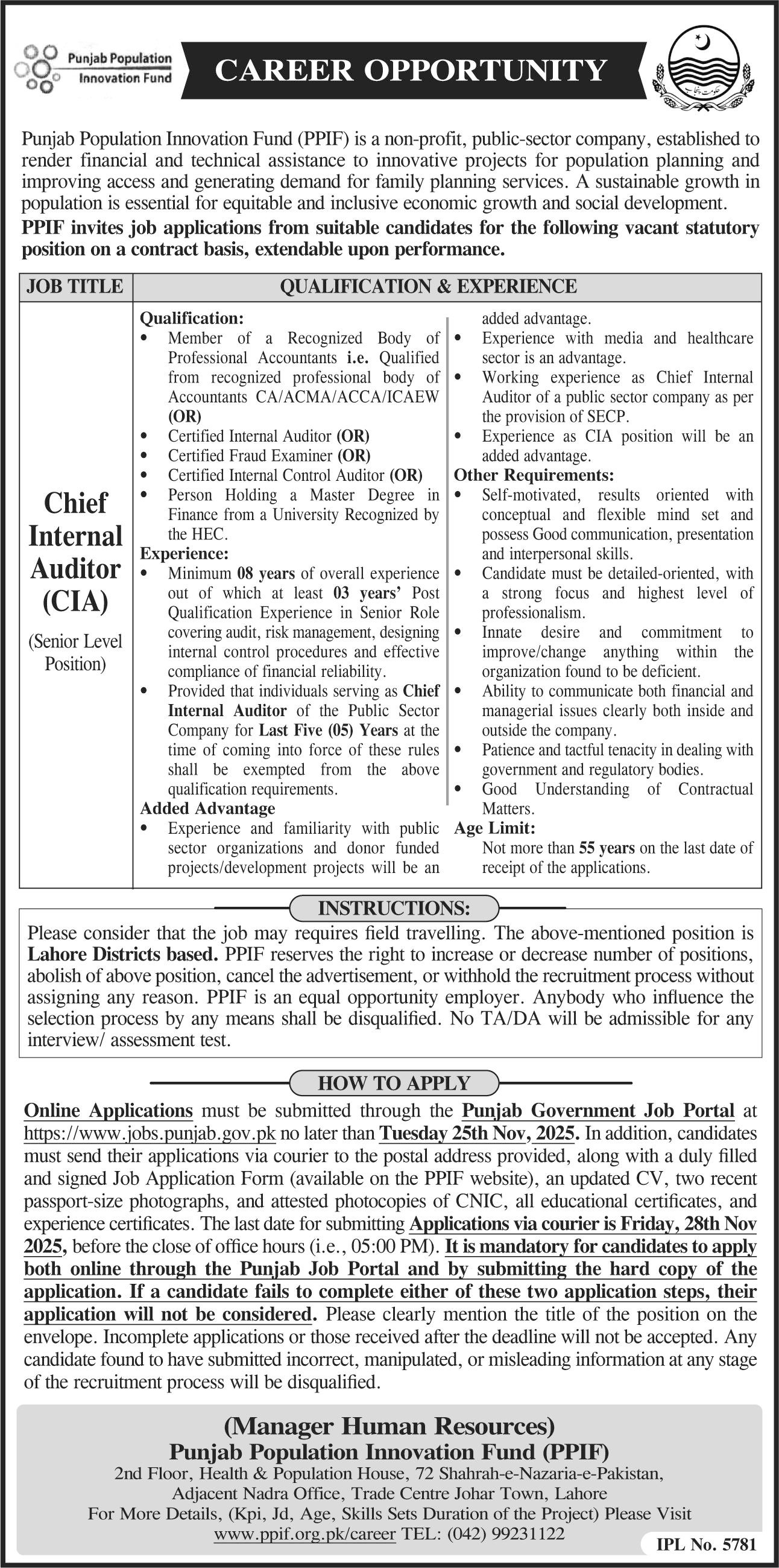 Punjab Population Innovation Fund PPIF Lahore Jobs 2025 – Public Sector Organization Jobs 2025 — original advertisement