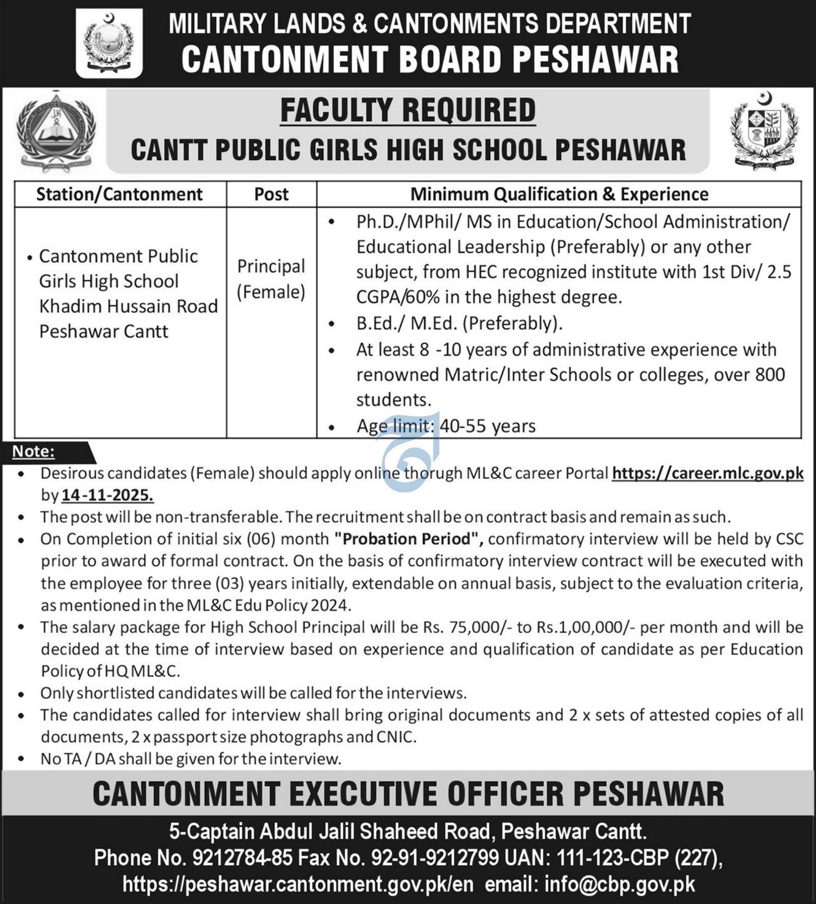 Military Lands and Cantonment Department Peshawar Jobs 2025 – Cantonment Board Jobs 2025 — original advertisement