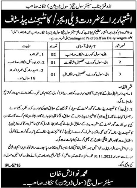 Civil Court Nankana Sahib Jobs 2025 For MAli – Senior Civil Judge Multan Jobs 2025 — original advertisement